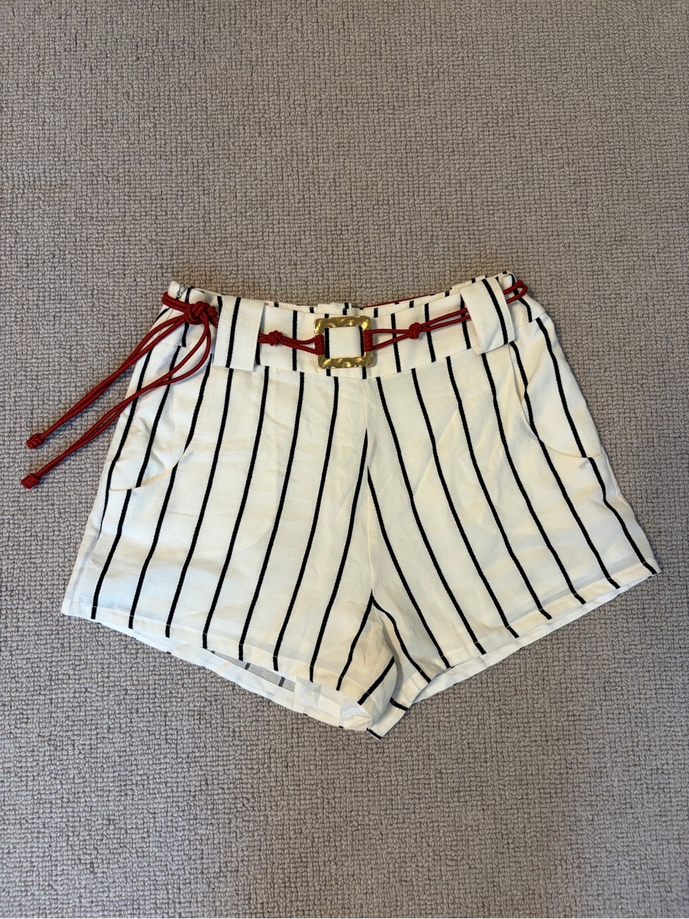 High-Waist Cream Stripe Shorts with Red Belt Accent